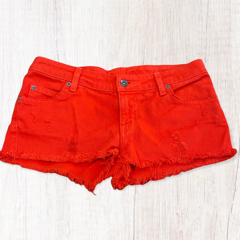 Red carmar denim cut off shorts